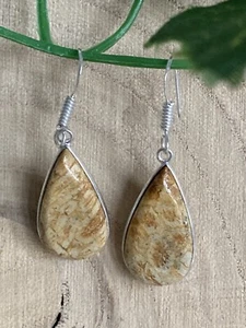 Fossil Koralle Träne Ohrringe Sterling Silber 925 vergoldet Böhmisch - Bild 1 von 2