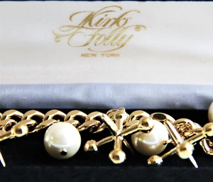 Kirks Folly Jacks White Balls Lucite Faux Pearl Chunky Charm Bracelet Adjustable - Picture 1 of 19