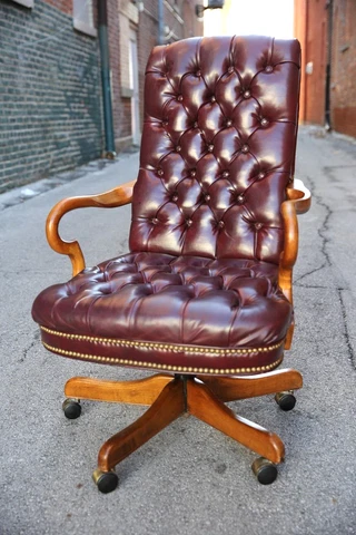 Vintage Tufted Leather Swivel Office Desk Chair by SCHAFER BROS Burgundy Cover