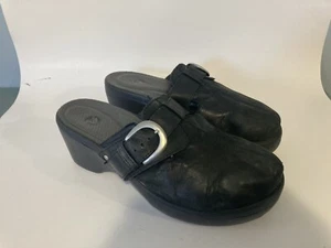 Crocs Black Leather Clogs Women's Size 9 Black Wedge Mule Slip On Buckle 15513 - Picture 1 of 8