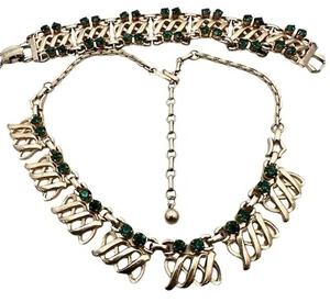 Vintage Barclay Necklace Bracelet Set Gold Tone Emerald Green Glass Rhinestone - Picture 1 of 4