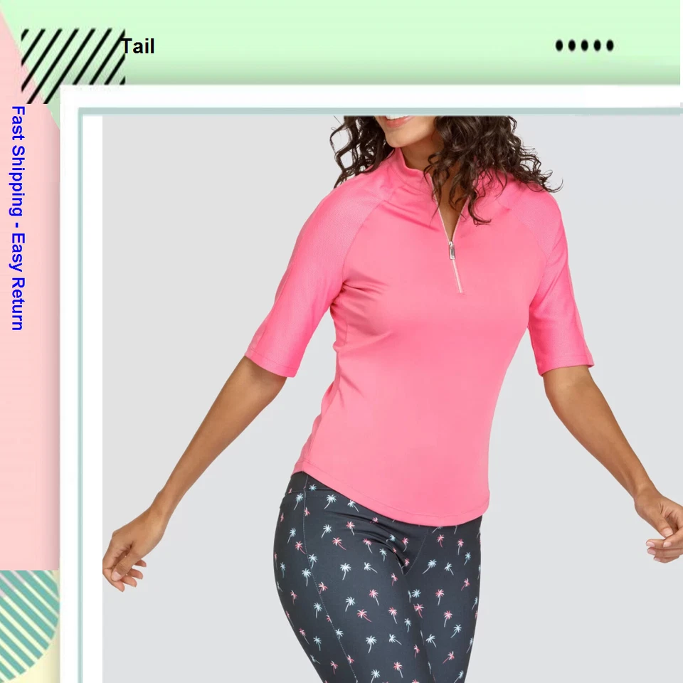 Tail Elbow Sleeve 1/4 Zip V-Mock Neck Golf Polo In Pink Grapefruit - Size XS