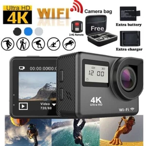 4K Waterproof Dual Screen Sport Camera Wide Angle 2x Battery Free Bag - Picture 1 of 6