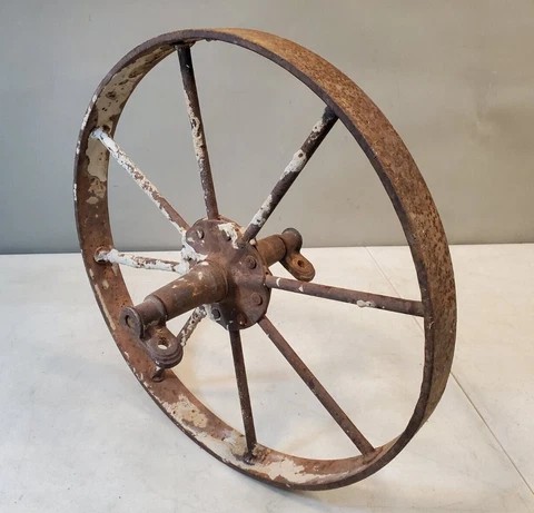 Antique 16" Cast Iron Wheelbarrow Wheel with Working Axle & Mounting Brackets Cover