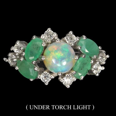 925 Anello Argento Sterling Rotondo Fuoco Opale 6mm Smeraldo Topazio Gemme Gioie - Immagine 1 di 4