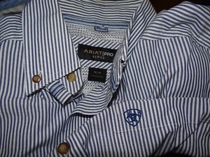 Ariat Shirt Men's M Navy White striped Pro Series Button Up Long Sleeve Western - Picture 1 of 9