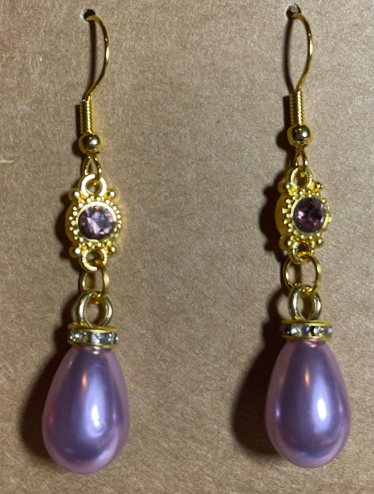 HANDMADE Gold Plated Purple Crystal Connector with Pearly Purple Bead Earrings - Image 1 of 1