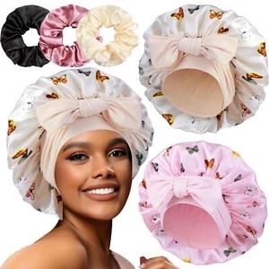 2+3 Large Satin Bonnets with Scrunchies for Women, Hair Bonnet Sleeping Tie - Picture 1 of 6