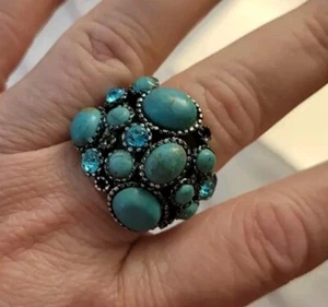 Silvertone Faux Turquoise And Crystal Ring One Size Adjustable  - Picture 1 of 4