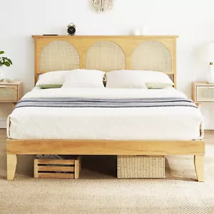 Rattan QUEEN Bed Frame with Headboard Boho Bed Frame with Wooden Support Legs - Picture 1 of 8