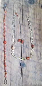 Boho Edelstein Halskette & Ohrringe orange rot Achat Steine Messing Kette Metall - Bild 1 von 9