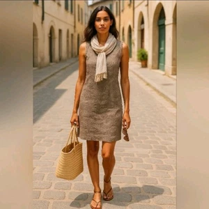 Lina Tomei Italy 100% Linen Dress Sz XL Embroidered Shift Sleeveless Stone Grey  - Picture 1 of 13