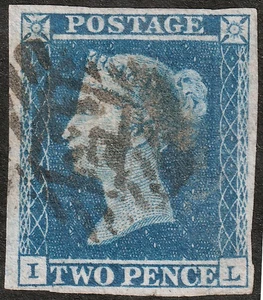 1841 SG14 2d BLUE PLATE 4 FINE USED 4 MARGINS VARIETY RE TOUCHED "L" (IL) - Picture 1 of 2