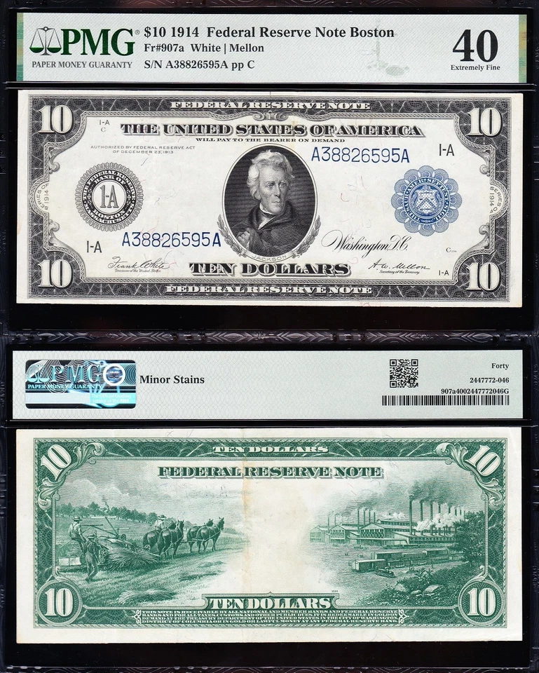 AWESOME Crisp HIGH GRADE 1914 $10 BOSTON FRN Note! PMG 40! FREE SHIP! 26595A - Image 1 of 3