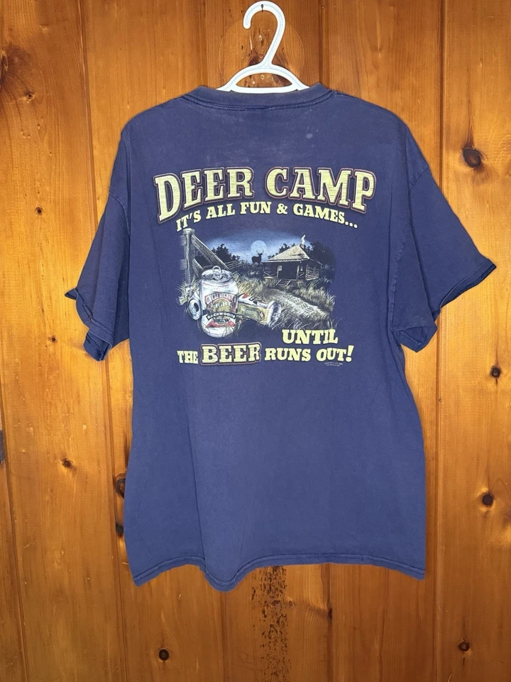 Vintage Buck Wear Hunting Shirt XL Short Sleeve Blue 2005 Beer Deer Camp - Image 1 of 2
