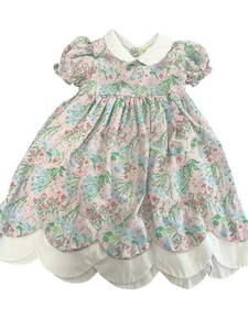 Girls Smockingbird Floral Dress Short Puff Sleeve Scalloped Hem SZ 4T Pink Base - Picture 1 of 4