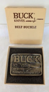 Vintage BUCK KNIVES Belt Buckle FAMOUS FOR HOLDING AN EDGE 3" X 2" Model 144 - Picture 1 of 11