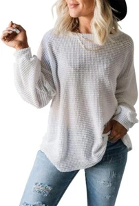Merokeety Women's long Baloon Sleeve Waffle Knit Top Crew Neck Sweater Pullover - Picture 1 of 6