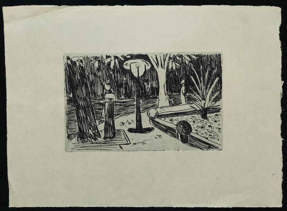 Hans Meyboden Grafik Radierung Gestalt unter Laterne u. Bäumen Nachlassstempel - Bild 1 von 4