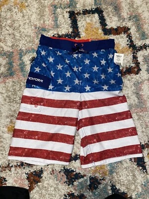 NUEVO CON ETIQUETAS ZeroXposur Niños Board Shorts Bandera Americana UPF 50+ Cordón Bolsillo L 14/16 Foto 1 de 4