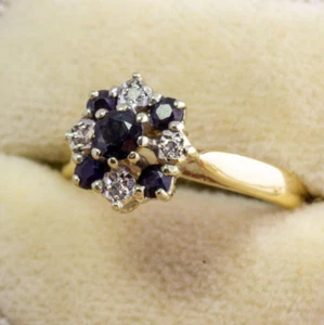 Vintage 1980 9ct Gold Natural Sapphire & Diamond Cluster Ring - UK Size L 1/2 - Picture 1 of 10