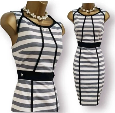 Vestido Lápiz Karen Millen Gris y Crema Rayas Algodón Verano Movible Reino Unido 8 Foto 1 de 4