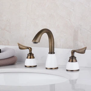Grifo mezclador lavabo lavabo baño antiguo de latón de 3 orificios 2 asas + cerámica - Imagen 1 de 11