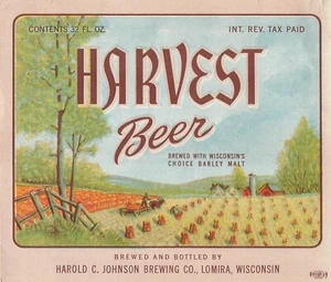 Cerveza Cosecha Etiqueta Vintage 32 OZ Harold Johnson Brewing Co Lomira Wisconsin - Imagen 1 de 2