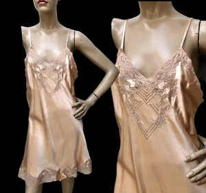 VTG 1930s SILK CHARMEUSE Embroid Lace Bodice FLAPPER STEP IN BIAS-CUT Chemise 36 - Picture 1 of 12
