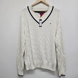 NWT Tommy Hilfiger V-Neck Cable Knit Sweater Mens XL Cream Cotton Classic Logo - Picture 1 of 9