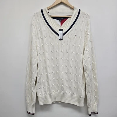 NWT Tommy Hilfiger V-Neck Cable Knit Sweater Mens XL Cream Cotton Classic Logo - Image 1 of 4