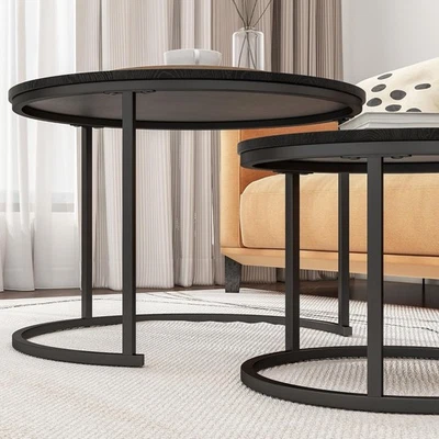 Set of 2 Round Coffee Table Nesting Side End Tables Walnut Wood Black 807 - Image 1 of 4