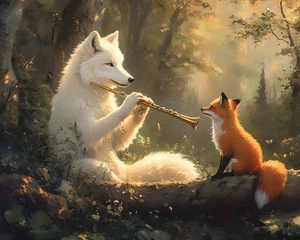 Wolf Playing Flute for Fox Canvas Art Home Decor Wall Art Print Poster Painting - Picture 1 of 9