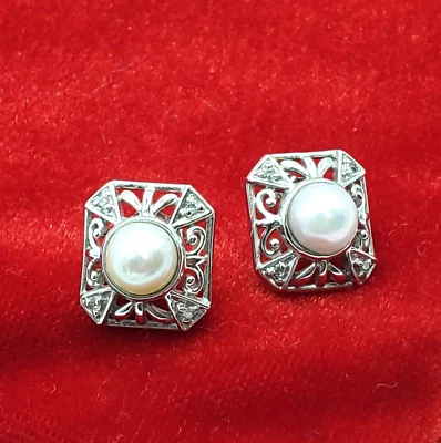 Vintage 14K White Gold Peter Brams Pearl & Diamond Beautiful Earrings - Signed - Image 1 of 4