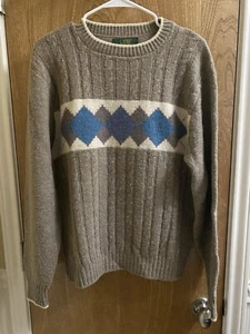Vintage Country Squire By Jantzen Light Brown Wool Sweater Blue Argyle Print M - Picture 1 of 12