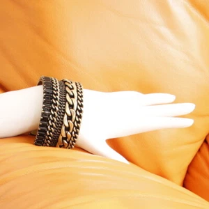 FASHION WIDE CUFF BRACELET GOLD CHAIN ANTIQUE PLATING BLACK CRYSTAL - Picture 1 of 1