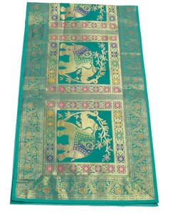 58"x16"Green TableRunner Dining Decor Indian Banarasi SilkBrocade Elephant Cloth - Picture 1 of 6