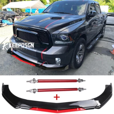 For Dodge Ram 1500 Front Bumper Red Lip Splitter Spoiler Glossy Black Strut Rods - Image 1 of 4