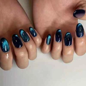 False nails Medium Almond cat Eye Effect Velvet Blue 24pk + nail tabs BN305 - Picture 1 of 9