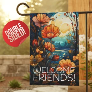 Welcome Friends Fall Garden Flag, Floral Blue Orange Sunrise, Mom Gift for Her - Picture 1 of 13