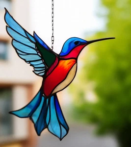 RUBY BLUE HUMMINGBIRD IN FLIGHT Stained Glass SUNCATCHER Weatherproof Garden Art - Picture 1 of 24