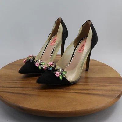 Betsey Johnson Size 7M Black & Clear Floral Embellished Heels - Image 1 of 4
