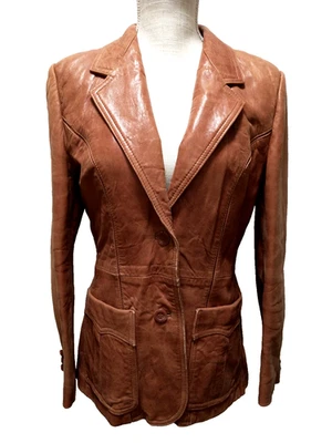 Vtg 70s Berman's Women's Caramel Brown 100% Lamb Leather Blazer Made in Korea 12 - Image 1 of 4