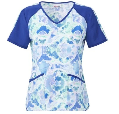 Scrubstar Women's Size Medium Blue Tie Dye V-Neck Print Scrub Top NWT - Image 1 of 4