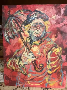 ORIGINAL ÖLGEMÄLDE SIGNIERT LEON GOODMAN CLOWN MIT REGENSCHIRM AUF MASONIT - Bild 1 von 8