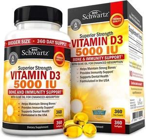 Vitamin D3 5000 IU (125 mcg) Natural Immune Support, Bone Strength, 360 softgels - Picture 1 of 3