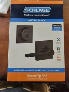 Schlage Deadbolt And Latitude Lever In Collins Trim - Matte Black NEW - Picture 1 of 10