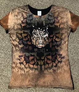 Cats Shirt 99 Lives Adult Large T-Shirt 100% Cotton Cat Face Illusion Black Tee - Picture 1 of 4