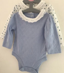 Up To 1 Month ~ 9 Lbs~ 2 Pretty Pointelle Bodysuits~ Blue And Cream Floral - Picture 1 of 4