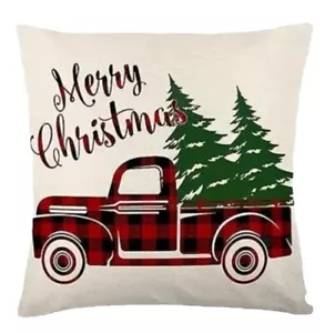 CHRISTMAS THROW PILLOW COVER Linen 18"X18" BUFFALO PLAID PICK-UP TRUCK WITH TREE - Picture 1 of 1